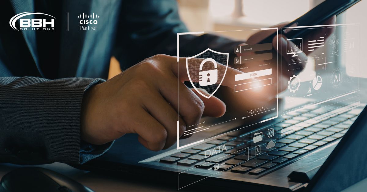 someone typing in a laptop with cybersecurity icons 